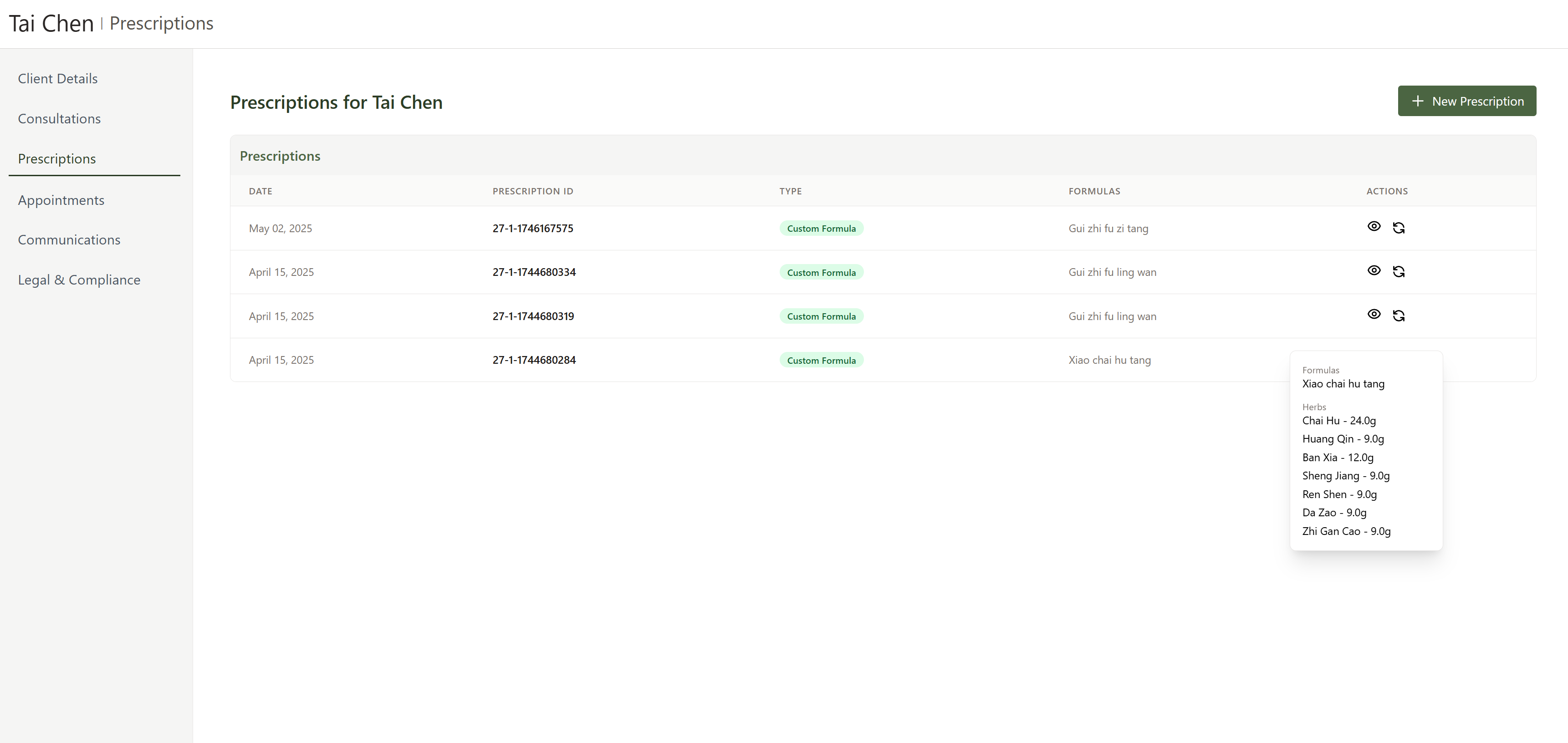 Daobook TCM practice management software showing prescription records